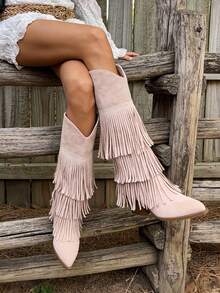 Women's Vintage Style Fringe Cowgirl Boots Pointed Toe Pull On Block Chunky Heel Country Concert Outfits Knee High Western Cowboy Boots - 杏色 - 查看 1