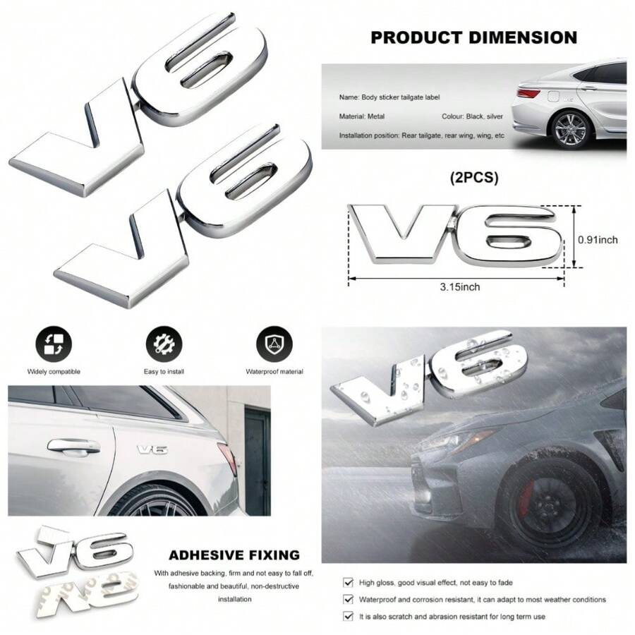 V6 Car Emblem Metal Badge Self Adhesive 3D Logo Decal For Auto Exterior Trunk Tailgate Fender Bumper Decoration Silver Nameplate Sticker - 1 - 查看 1