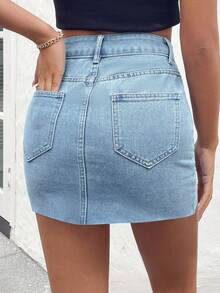 Falda vaquera casual y de moda, lavado desgastado, versátil para primavera/verano, uso diario, viajes y aeropuerto - Azul - Ver 7