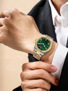 Guess Đồng hồ nam tối giản GW0265G8, dây kim loại hai tông màu, mặt số La Mã màu xanh lá cây, máy quartz, hiển thị ngày và thứ, đồng hồ công sở sang trọng phù hợp cho cả ngày thường và dự tiệc, món quà sinh nhật lý tưởng dành cho phái mạnh. - màu xanh lá - Xem 3