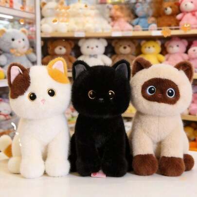 1个可爱迷人的暹罗猫毛绒娃娃，柔软填充动物小猫玩偶，陪伴玩偶，儿童礼物，生日礼物，万圣节黑猫装饰