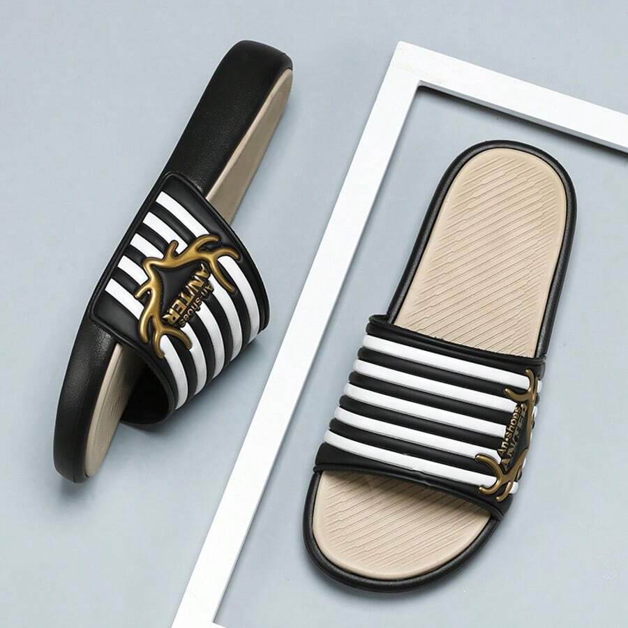 Black & White Striped Deer Horn Design EVA Lightweight Soft Bottom Comfortable Indoor/Outdoor Slippers - Khaki - View 1