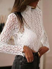 Solid Color Sheer Lace Top For Women Spring White - White - View 4