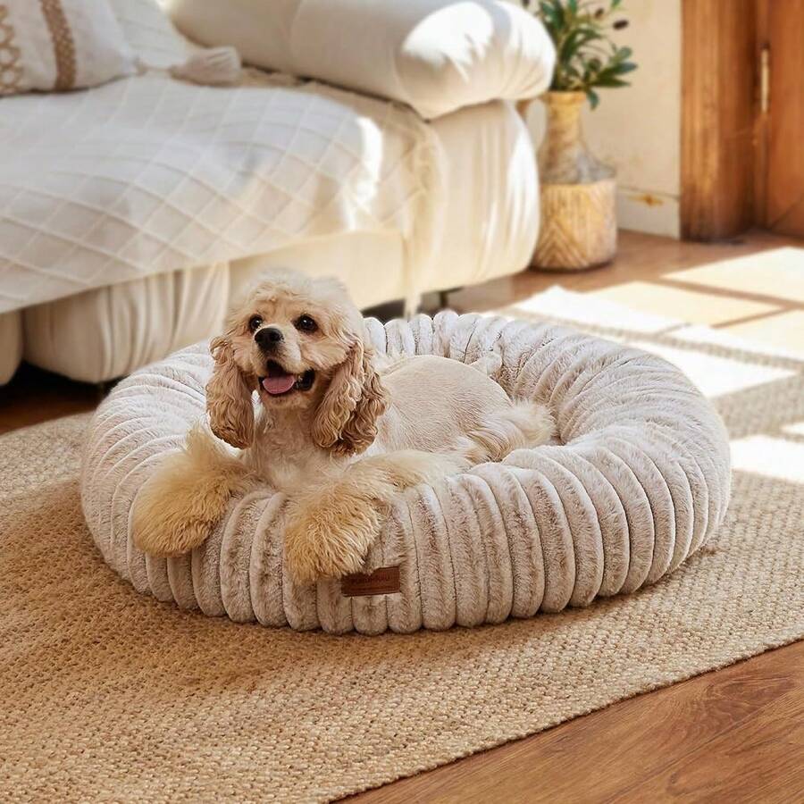 Dog Bed, Calming Donut Dog Beds For Anxious Dogs, Modern Aesthetic Cat Bed With Gradient Print, Cute Round Pet Beds With Washable Cover, Orthopedic Puppy Bed, Camel, Medium, 30 Inches - CamelGradient - Xem 1