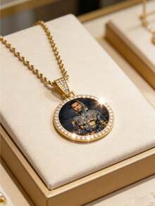 Customized Sparkling Cubic Zirconia Round Pendant Necklace, DIY Personalized Photo Round Pendant Necklace With Shiny Zirconia Inlay, Customized Stainless Steel Name Necklace, Customized Sparkling Crystal Pendant Necklace - Multicolor - View 10