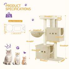 HaluPeit 98 Cm Scratching Post, Cat Tree, Small Scratching Post, Multi-Storey Scratching Post With Perch, Cat House Furniture With 2 Caves, Sisal Cat Scratching Post, Hammock, Cave - 米色 - 查看 5