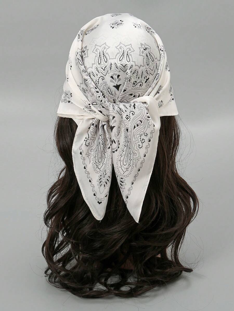 26.77 Inch Silk-Like Printed Square Scarf 68cm, Women's Fashion Breathable Multifunctional Headband Neckerchief Accessory, 1pc - S41246-white Cashew - View 1
