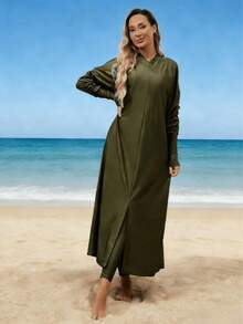 VFJ 女士黑色高弹力布基尼泳衣，圆领长袖，拉链腰带，全包臀设计，优雅款式，搭配高腰紧身裤，适合夏季海滩度假穿着。 - 軍綠色 - 查看 8