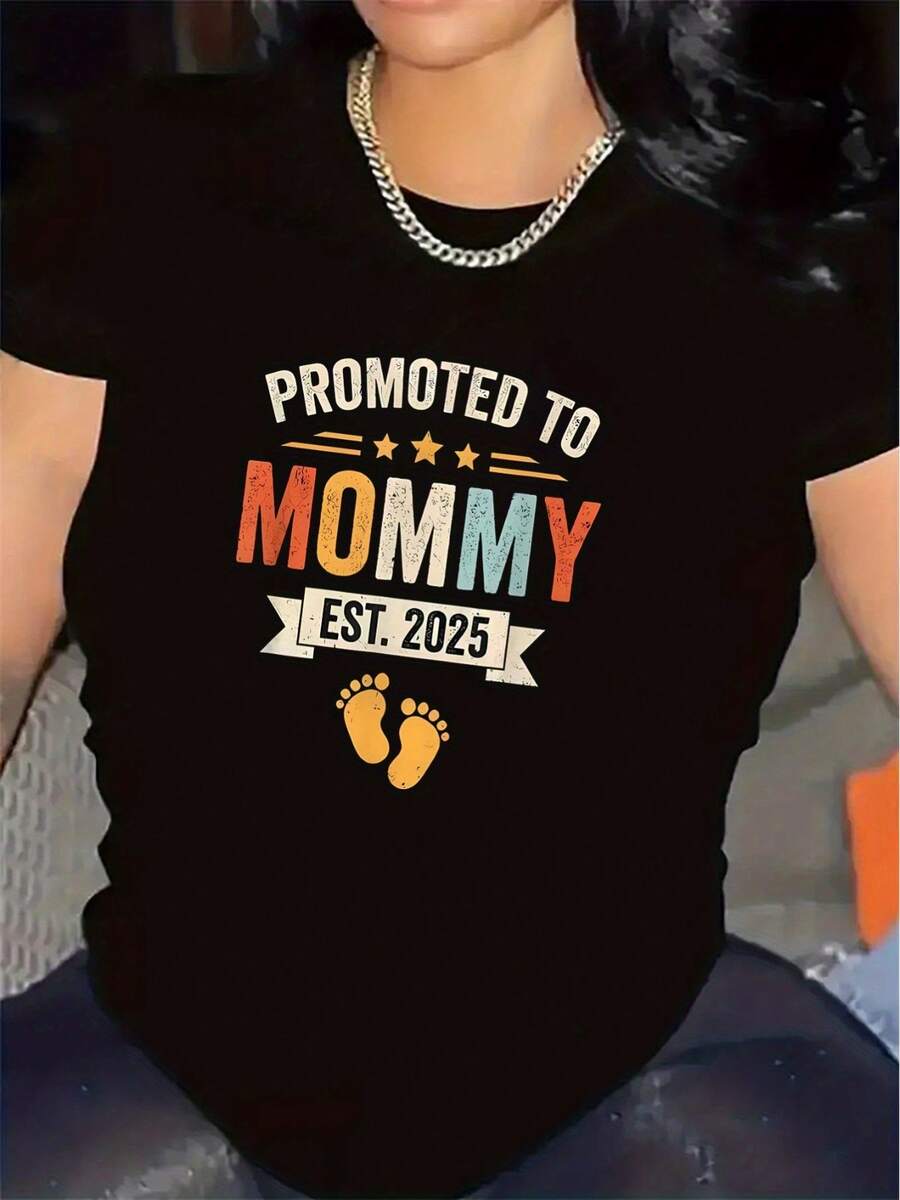 Camiseta Negra para Mamá Promoción, Impresión Blanca, Duradera y Cómoda, para Uso en Casa y al Aire Libre, Tela Suave, Regalo Perfecto para Nuevas Madres, Diseño Elegante con Huellas, Top Ligero y Transpirable - Negro - Ver 1