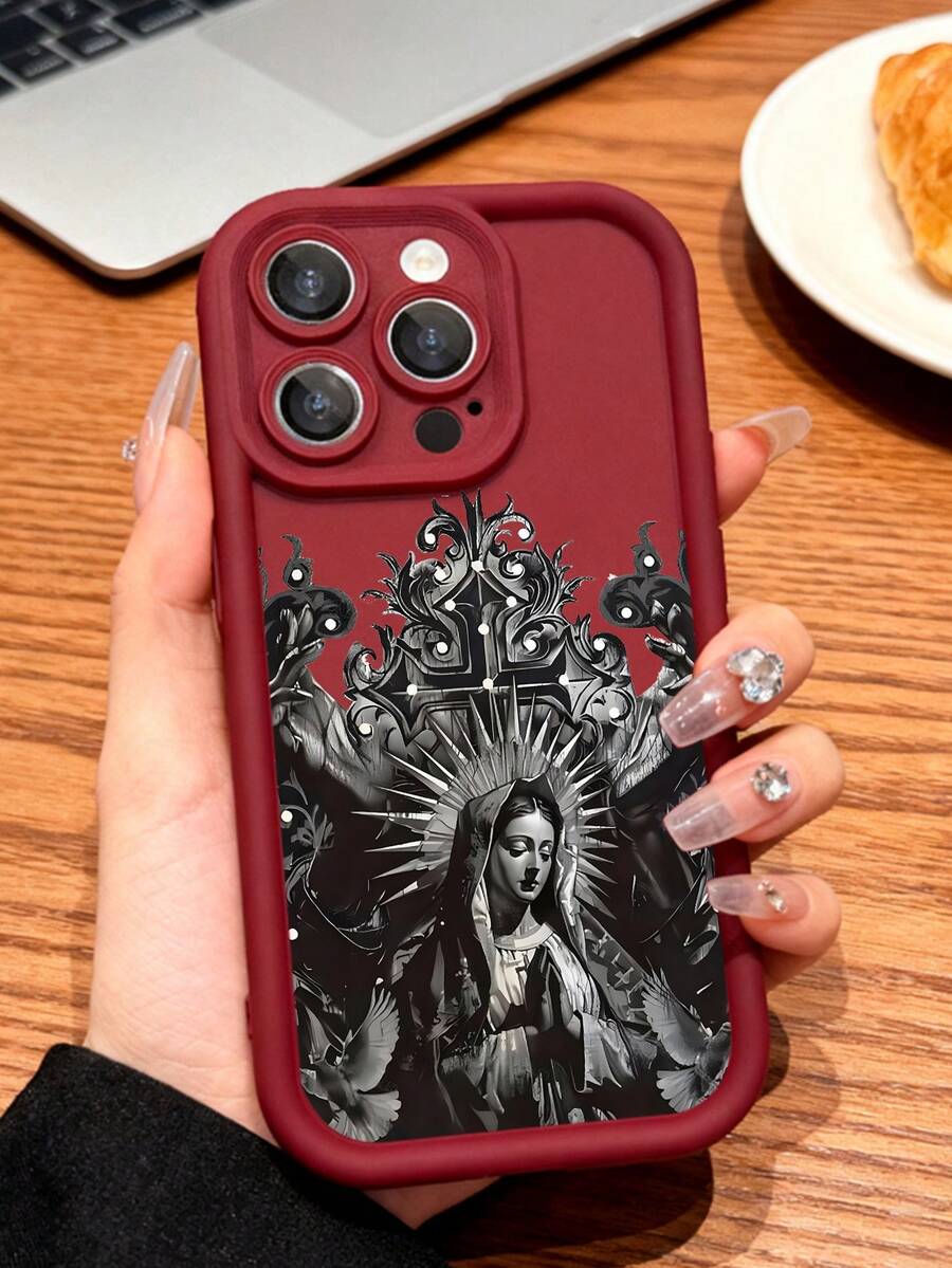 Divine Mother Mary Phone Case, Renaissance Style, Phone Case For IPhone 17 Pro Max 17 Air 17Pro 16 15 14 13 12 11 Pro Max, Religious Art Gift, Sacred Iconography Design, Christian Art Theme,  Virgin Mary Gift Idea, Peaceful Dove Present - 紅色 - 查看 1