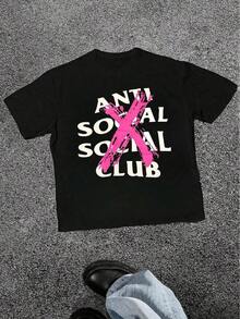 "Anti Social Club" Print 1 Unit, 220g, Digital Graphic Printing, Streetwear Theme, 100% Cotton, Cool Casual T-Shirt, Men, Round Neck, Short Sleeve - 黑色 - 查看 1