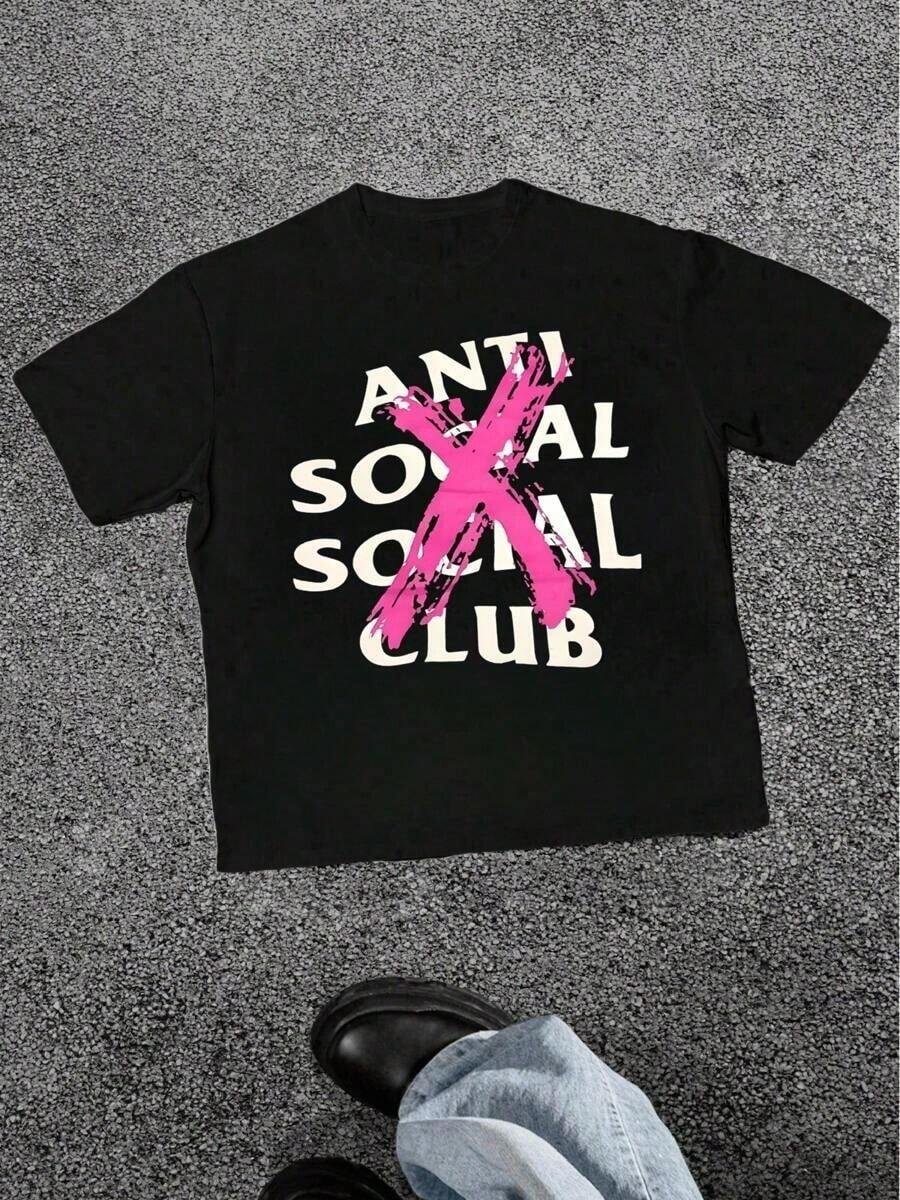 "Anti Social Club" Print 1 Unit, 220g, Digital Graphic Printing, Streetwear Theme, 100% Cotton, Cool Casual T-Shirt, Men, Round Neck, Short Sleeve - 黑色 - 查看 1