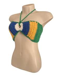 Crochet Top With Straps - 100% Cotton - Spring/Summer Beachwear - 綠/黃/藍/白 - 查看 3