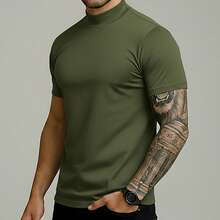 Men's Slim Fit Mid-Neck T-Shirt, Premium Cotton, Basic Casual Style - 軍綠色 - 查看 7