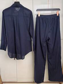 Linen Shirt And Pants Set (2 Pieces), Lined With Elastic. - Dark Wash - View 3