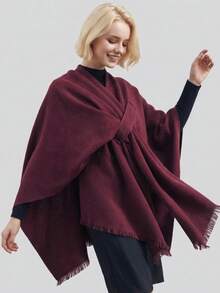 1 pièce Châle élégant minimaliste en fausse cachemire avec design à franges, chaud et doux. Accessoire casual pour femmes, idéal pour les soirées, la tenue quotidienne, le travail, les festivals. Cadeau parfait pour l'automne et l'hiver. - Rouge foncé - Voir 2