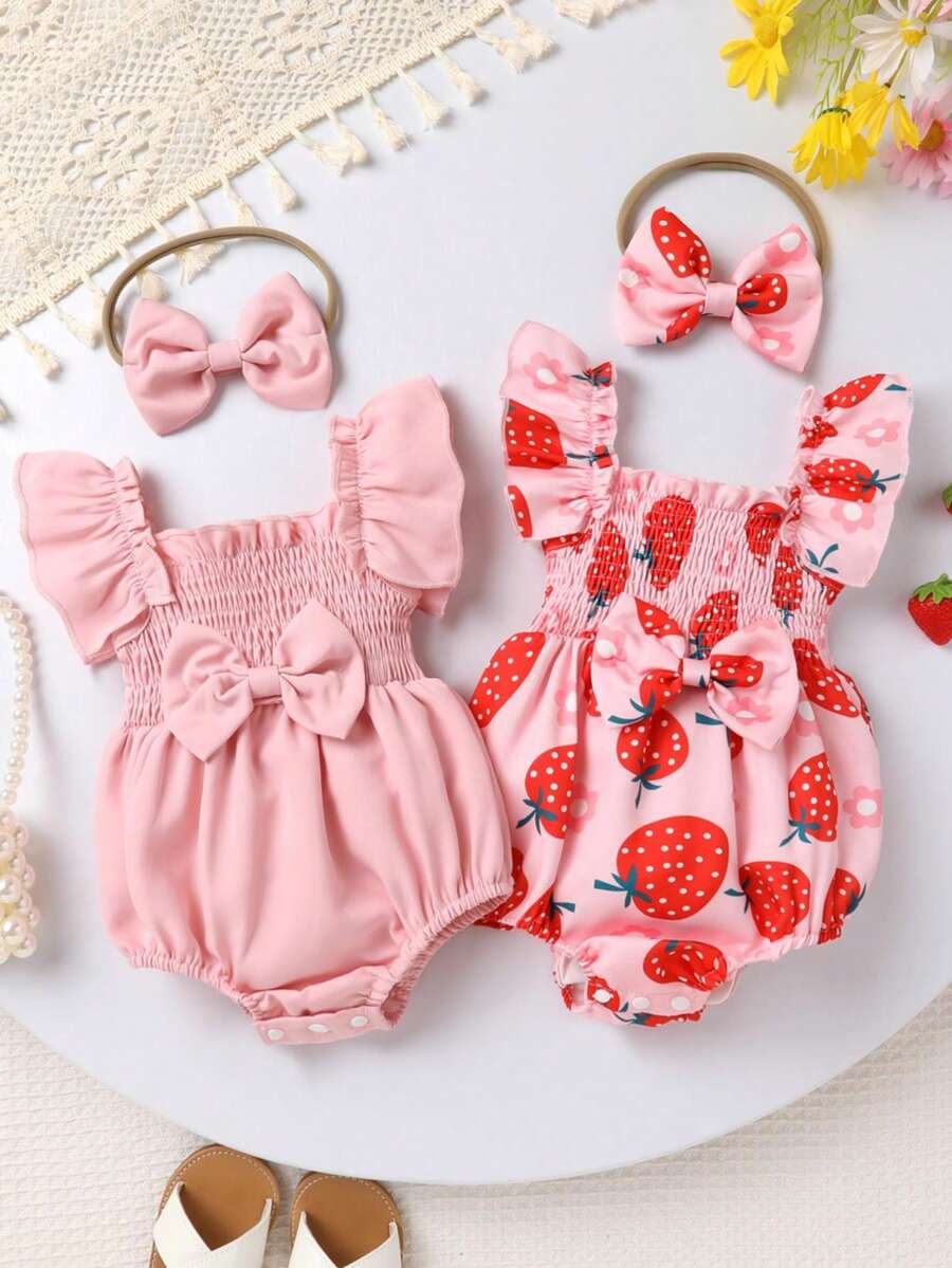 4pcs/Set, Baby Girl, Casual Fashion Elegant Cute, Soft And Comfortable, Strawberry Pattern Square Neck Ruffle Strap Romper And Headband And Bow Decor Headband, Baby Girl Clothing, Newborn Baby Girl Clothing, Baby Supplies, Baby Clothing, Suitable For Summer Daily Wear, Party, Vacation, Home, Photography, Outdoor Activities - Multicolor - View 1