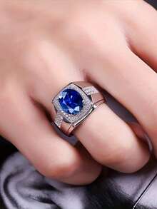 1枚男士时尚奢华个性化圆形蓝色锆石戒指，婚礼订婚派对珠宝礼物 - 銀色 - 查看 10