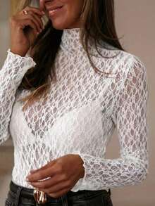 Solid Color Sheer Lace Top For Women Spring White - White - View 3