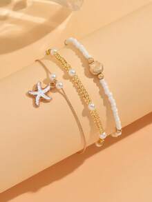 3pcs/Set Fashionable Versatile Glass Beaded Handmade Anklet, Ocean Style Starfish Pendant, Romantic Beach Vacation Jewelry Accessory For Women - Multicolor - View 3