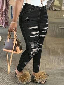 Women's Fashion Casual Slim Fit Stretchy Commuting Pocket Sexy Young Distressed Street Elegant Skinny Jeans Vacation Spring Black - Black - View 5