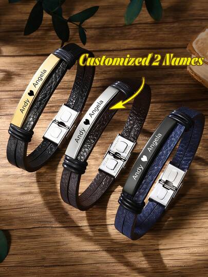 1pc Customized Leather Bracelet For Men, Can Be Personalized With Engraved Name, Text, Couple's Name, Minimalist Bracelet In Silver, Gold, Black Color With Infinity Symbol, Gift For Valentine's Day, Husband/Father's Birthday
