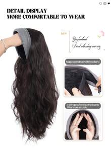 长款波浪/直发发箍半假发，合成纤维夹式接发，蓬松自然棕黑色假发片，配灰色发带，适合女性日常佩戴，1件装 - 彩色 - 查看 2