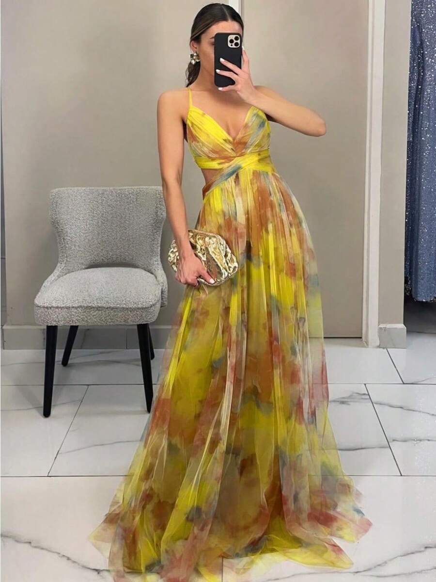 Spring And Summer New Mesh Printing Suspender Dress Vacation Casual Party Dress - Màu vàng - Xem 1