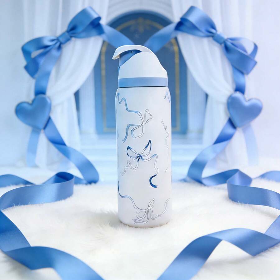 Owa Laaa Blue Bows Insulated Stainless Steel Water Bottle With Straw, Sports Water Bottle, Great For Travel, 32 Oz, It Is Suitable As A Gift For Birthdays, Halloween, Thanksgiving, Valentine's Day, Christmas And New Year. - Xanh và trắng - Xem 1