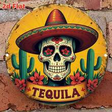 1pc 2D Flat - Vintage Mexican Bar Sign, 2D Design - Tequila Theme Round Metal Wall Art, Featuring Sombrero, Cactus And Floral Patterns - 19.79X19.79 Cm Iron Sign, Perfect For Home, Cafe, Pre-Drilled Holes As Shown In Size Diagram - Multicolor - View 3