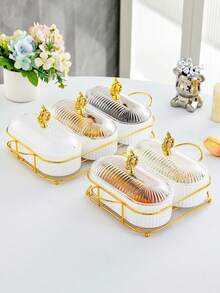 1set Oval Shaped Multi-Grid Dish Tray With Lid, Large Capacity Snack Plate For Multiple Purposes,Kitchen,Christmas Gift - Gold - View 11