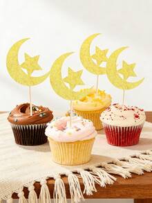 12/24 pièces Décorations de gâteau en forme d'étoiles et de lune, convenant pour les mariages, les anniversaires et autres célébrations. Décorations de crème, décor de fête islamique, fournitures de célébration des fêtes, outils de décoration de gâteau en métal brillant - étoiles lune - Voir 2