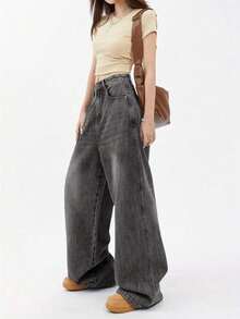 Women's Mid-Low Waisted Draped Wide Leg Jeans Dark Blue Washed Denim Waist Pleated Design Metal Button 2026 Retro Washed Effortless Jeans - Grey - View 5