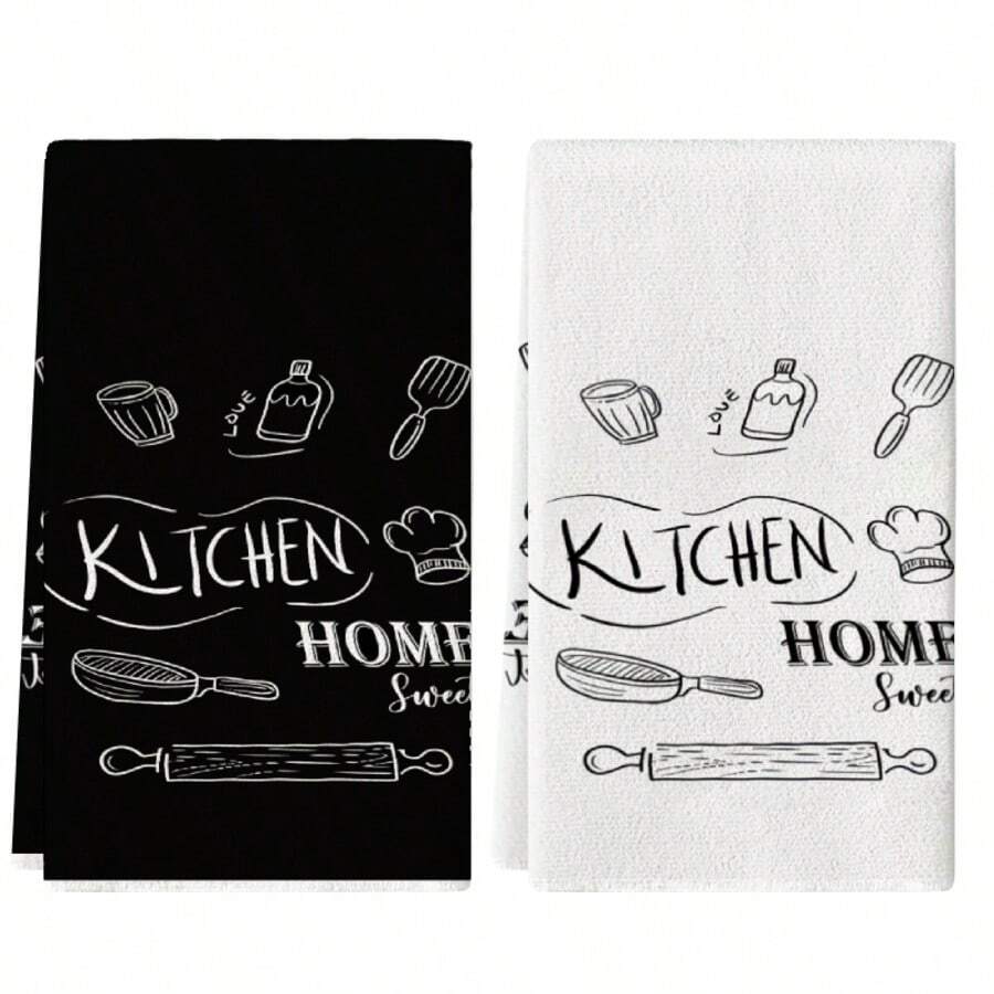 2pcs Black & White Chef Hat And Kitchen Towel Set, 16 X 24 Inch Cleaning Cloth, Reusable, Washable, Dish Towel, Birthday Gift, Housewarming Gift For Friends, Kitchen Accessories, Household Essentials For Cooking, Baking, Bathroom Cleaning, Outdoor Activities And Tea Party Decor. Elegant Design Enhances Home Decor - Multicolor - View 1