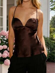 Women's Satin Spaghetti Strap Cami Top Deep V Neck Backless Crop Tank Top Elegant Silky Party Club Going Out Vest - 棕色 - 查看 1