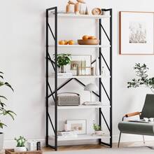 Vongrasig 5 Tier Bookshelf, Free Standing Bookcase Organizer Farmhouse Kitchen Ladder Shelves Rustic Wood Open Shelves Metal Frame, Vintage Storage Display Rack For Living Room, Bedroom Home Office - Trắng + Đen - Xem 1