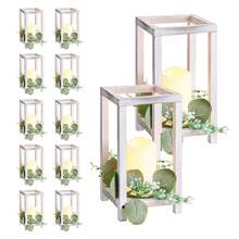 12 Set/36 Pcs Wooden Wedding Lantern Centerpiece, Includes 12 Wooden Lantern Candle Holder 12 Flameless LED Candle 12 Eucalyptus Leaves Wreath For Wedding Table Party Farmhouse Decor, White - 12 Set/36 Pcs White - 查看 8