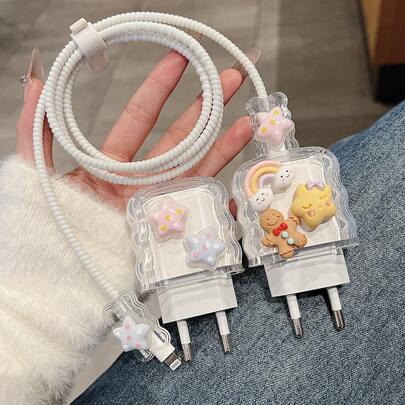 Shockproof Cartoon 5pcs/Set Cartoon 20W Charger Protector Case Suitable For IPhone 13/14/15/16 Pro Max/Plus Transparent Charging Head Protective Case Anti Break Data Cable Protector Sleeve Women's Day Gift