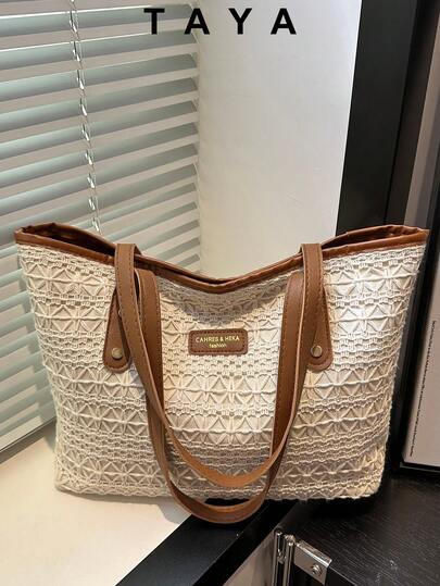 新款复古时尚草编手提包，拉链开口，轻便简约，柔软大容量单肩包。适合女性日常生活、休闲、通勤、工作、度假和学生使用。