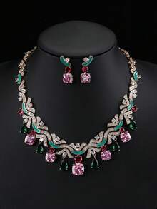 Bộ 3 món trang sức cao cấp bằng đồng khảm đá Cubic Zirconia, gồm dây chuyền và bông tai, thích hợp cho tiệc cưới, phối cùng váy cưới và váy dạ hội, làm quà tặng ngày lễ và sinh nhật. - Phong cách trang sức - Xem 1