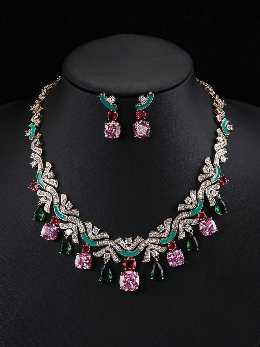 Bộ 3 món trang sức cao cấp bằng đồng khảm đá Cubic Zirconia, gồm dây chuyền và bông tai, thích hợp cho tiệc cưới, phối cùng váy cưới và váy dạ hội, làm quà tặng ngày lễ và sinh nhật. - Phong cách trang sức - Xem 1