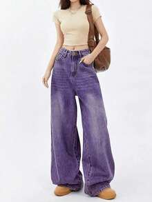 Quần jeans nữ ống rộng cạp trung bình thấp, chất liệu denim xanh đậm, thiết kế xếp ly ở eo, cúc kim loại, kiểu dáng retro năm 2026, thoải mái khi mặc. - Màu tím - Xem 4