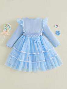 Toddler Dress Girls Ruffle Long Sleeve Layered Tulle Dress Fall Spring Fashion Party Dresses 3-10T, Kids Holiday Birthday Wedding Outfit - 天藍 - 查看 9