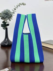 lulu kewen 1 buah Tas Tote Pegangan Simpul Anyaman Buatan Tangan, Pola Kotak-kotak Bergaris, Tas Tangan Anyaman Poliester untuk Wanita - Biru - View 4