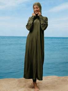 VFJ 女士黑色高弹力布基尼泳衣，圆领长袖，拉链腰带，全包臀设计，优雅款式，搭配高腰紧身裤，适合夏季海滩度假穿着。 - 軍綠色 - 查看 6