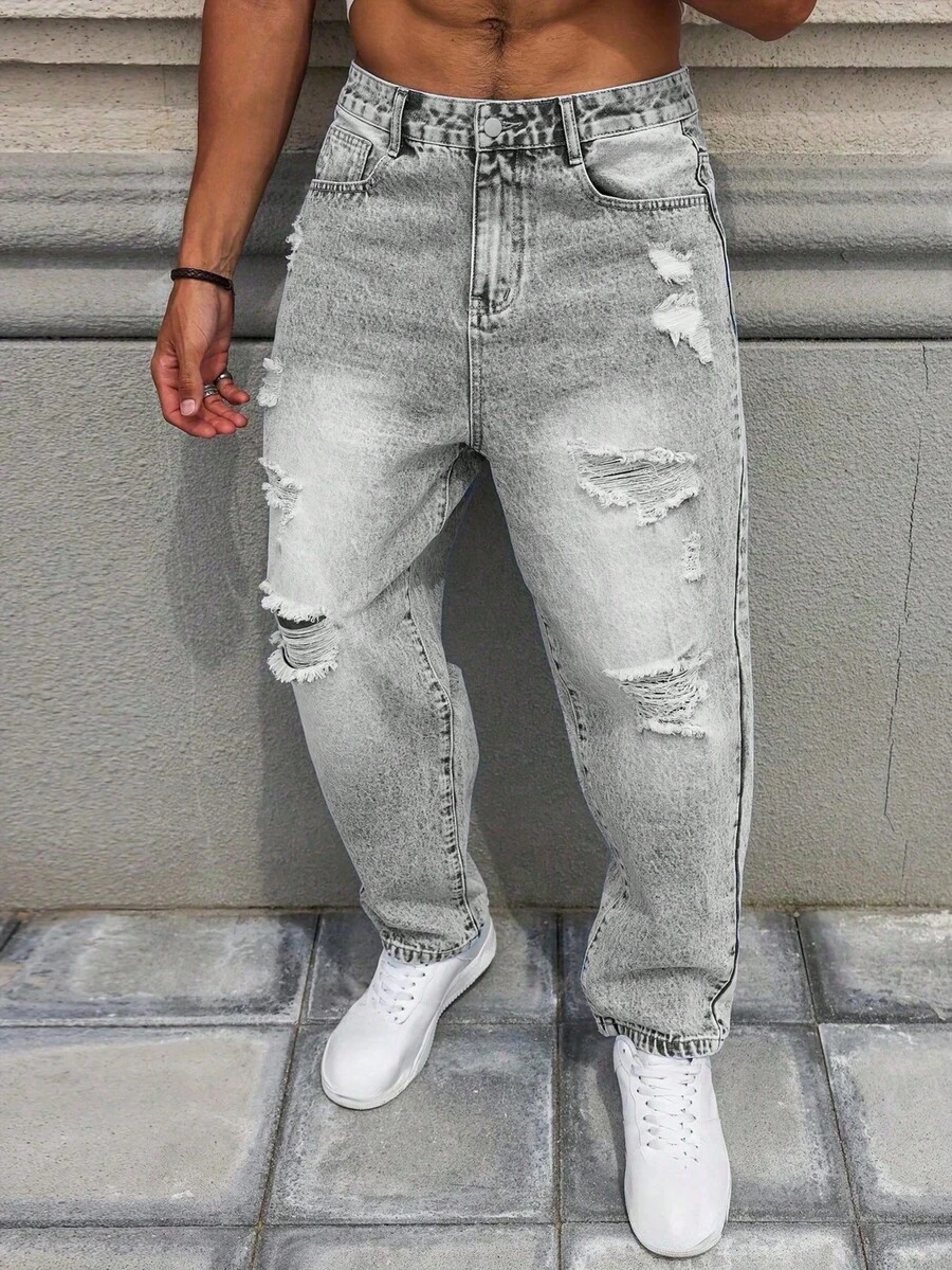 Plus Size Men's Fashionable Distressed Slant Pocket Washed Denim Jeans - Grey - View 1