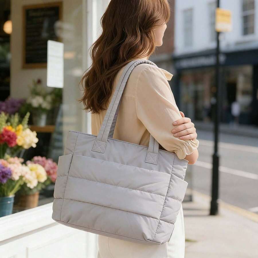 Puffy Tote Bag,Tote Bag For Women,Large Capacity Bag With Pockets Divider And Zipper Closure,Lightweight Puffy Tote Bag - Xám - Xem 1