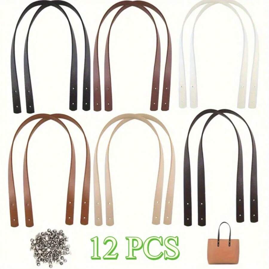 12pcs/6 Colors Synthetic Leather Bag Handles, 24 Inch Short Handbag Replacement Handles With Iron Rivets, Suitable For DIY Handmade Bag Making Accessories, Includes Iron Rivet Packaging, DIY Wallet Making