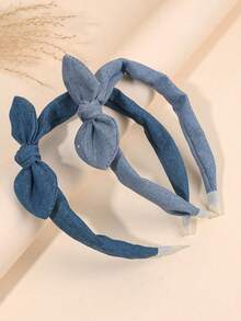 2pcs/Set Solid Denim Blue Bow Headband Set, Fashion Fabric Hair Accessories For Girls & Teens - Hairband - View 6