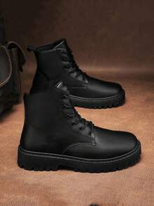 Men's High Top Boots, Autumn/Winter, All-Match Black Leather Casual Shoes, Wear-Resistant Low-Cut Cargo Shoes, New Fashionable Casual Shoes Go With Dress, Western Style Punk Lace-Up Metal Eyelets Holiday - Black - View 2